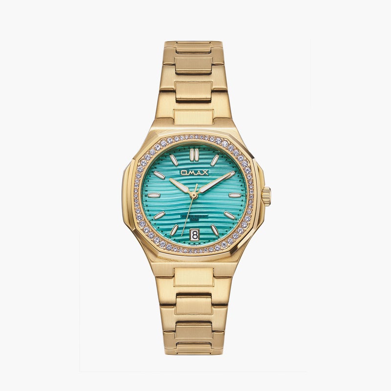 OMAX ساعة أنالوج ذهبية بقرص تركوازي للنساء - Image 1